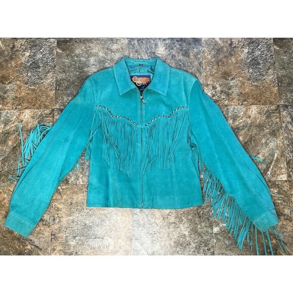Vintage Cripple Creek Turquoise Leather Fringe Jacket Western Women’s Size Large